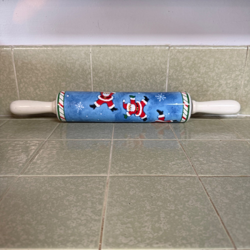 CounterArt‎ Ceramic Rolling Pin Christmas Dancing Santa Blue Holiday Kitchenware
